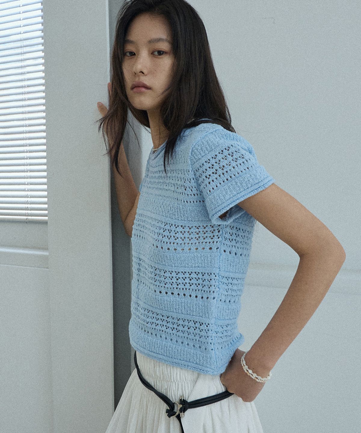 렌세(RENSE) Pointelle Boucle Knit Blue