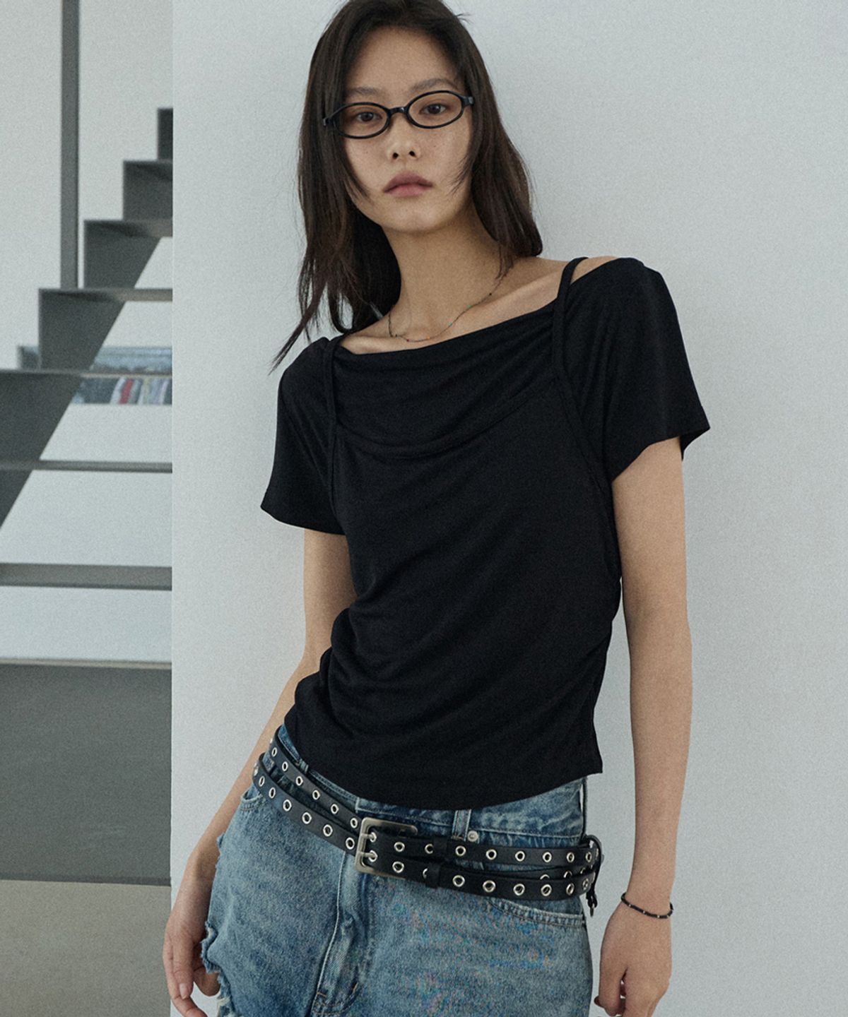 렌세(RENSE) Cami Layered T-Shirt Black