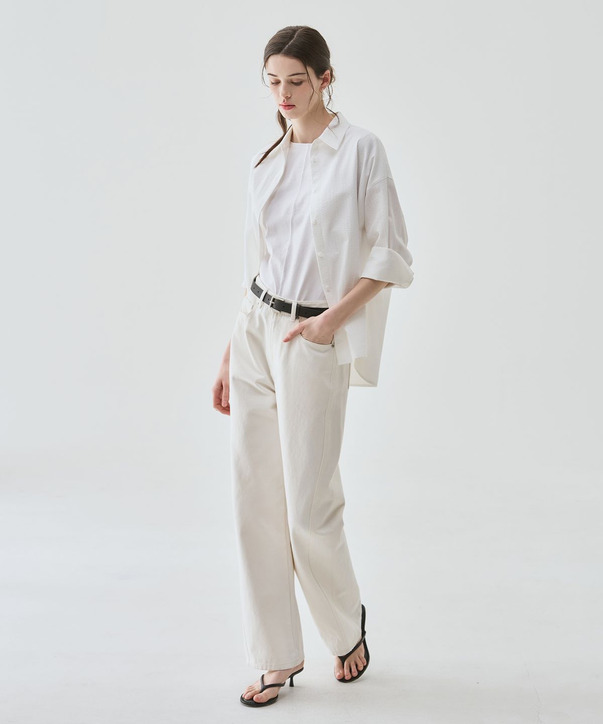 드로우핏 우먼(DRAWFIT WOMEN) 시어서커 스트라이프 히든 버튼 셔츠 [L.PINK]