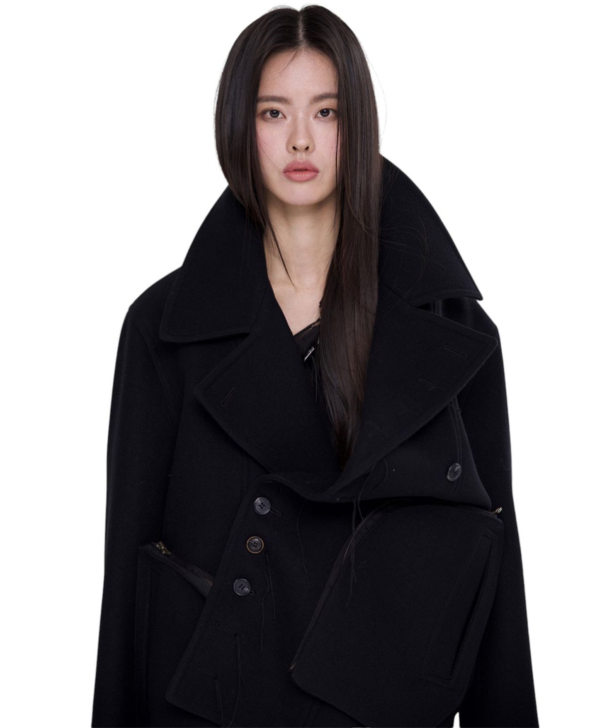 아스파라거스(ASPARAGUS) 3D 포켓 더블 브레스티드 코트 블랙