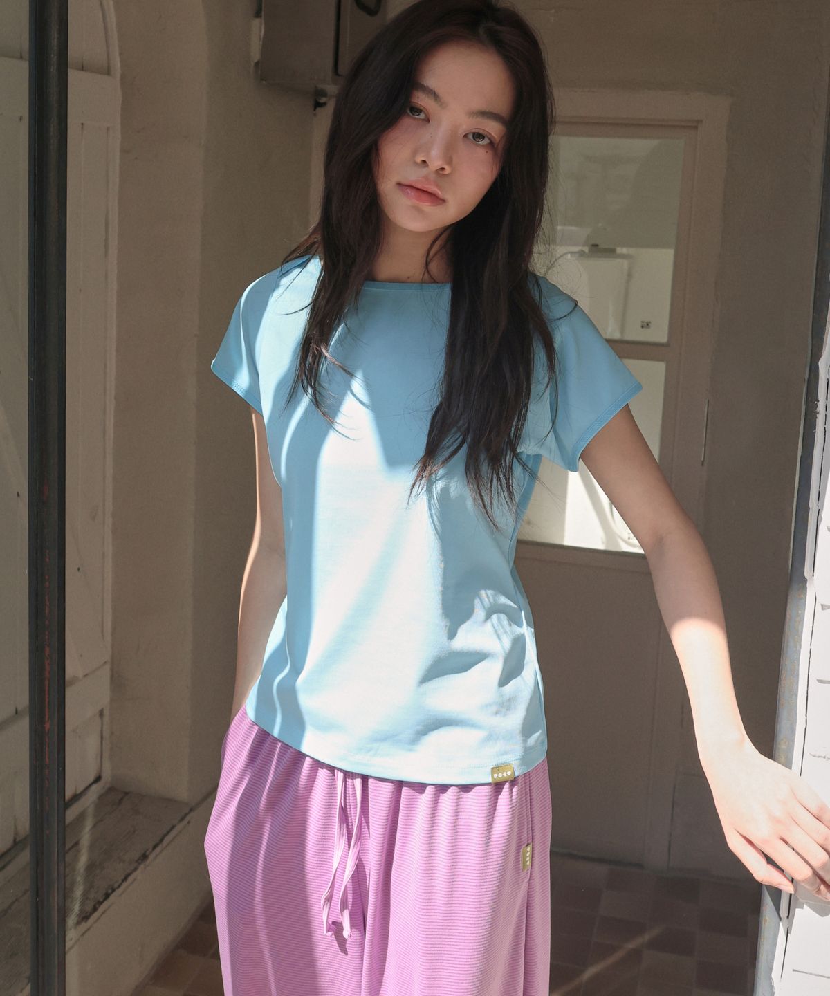 포에브(POEV) Solid Boat-neck T-Shirt - Sky Blue
