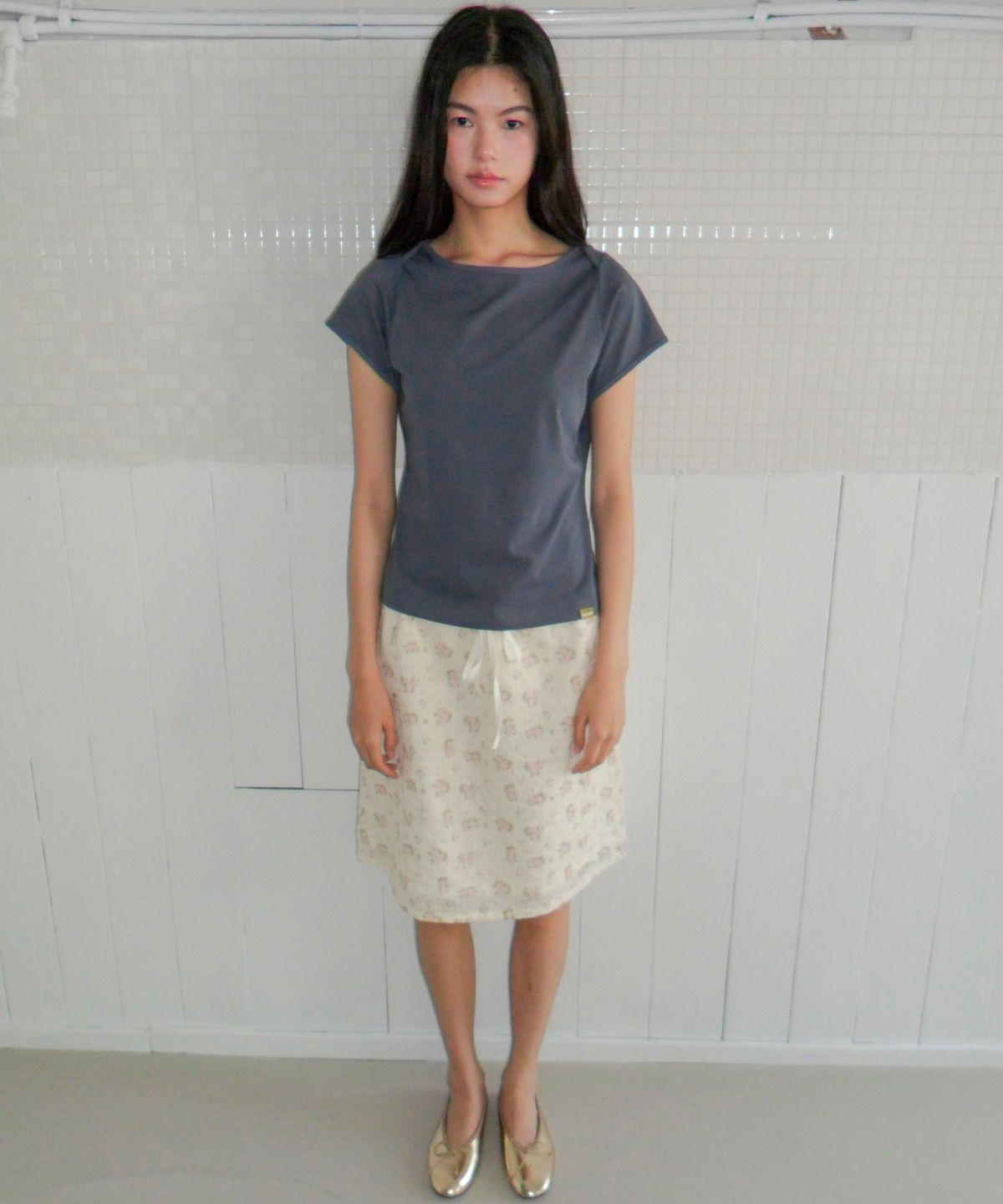 포에브(POEV) Solid Boat-neck T-Shirt - Navy