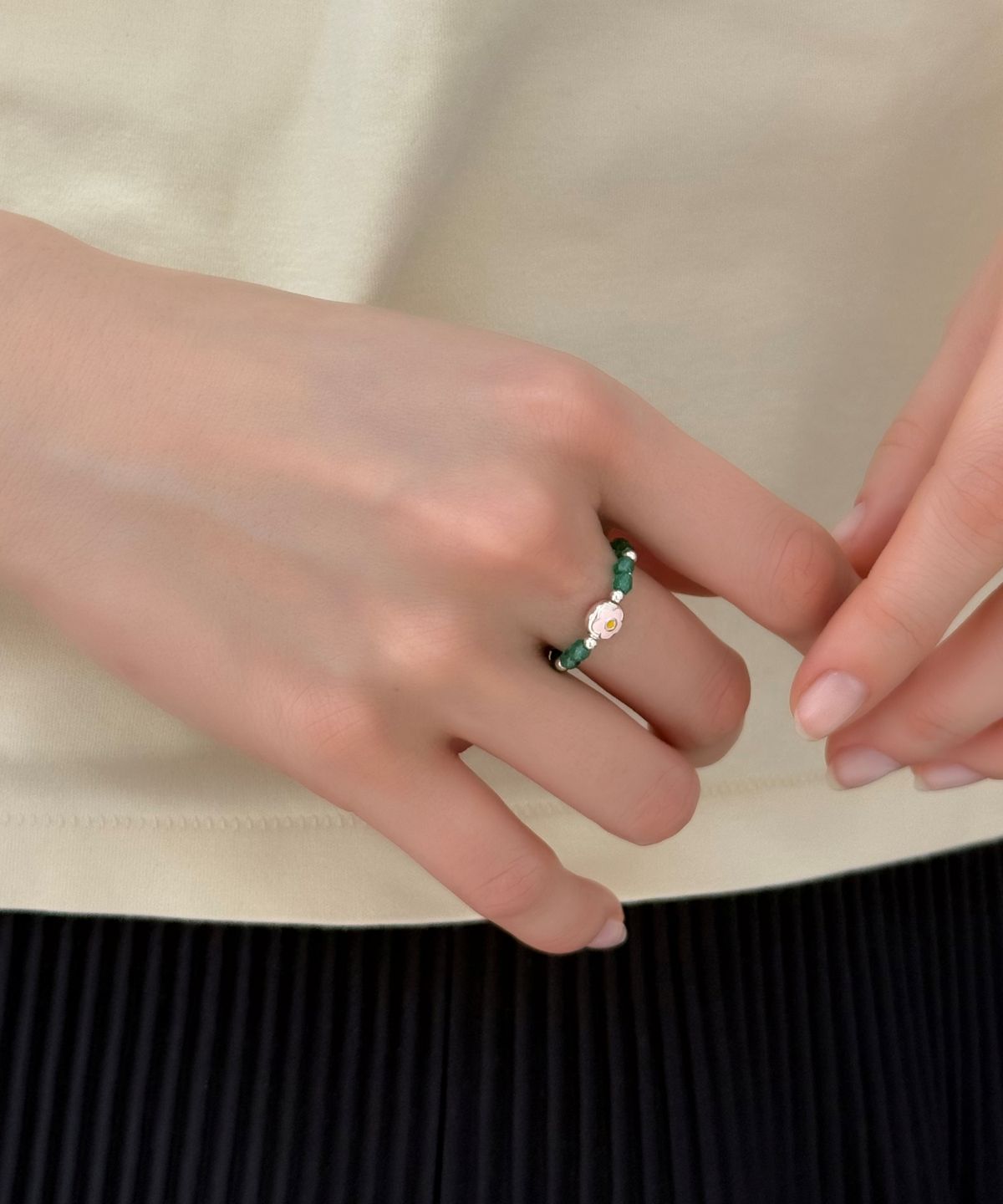 봉보(BONBEAU) Heart, Flower silver charm silverball beads Ring 925실버 하트 플라워 참 은볼 밴딩 비즈 반지