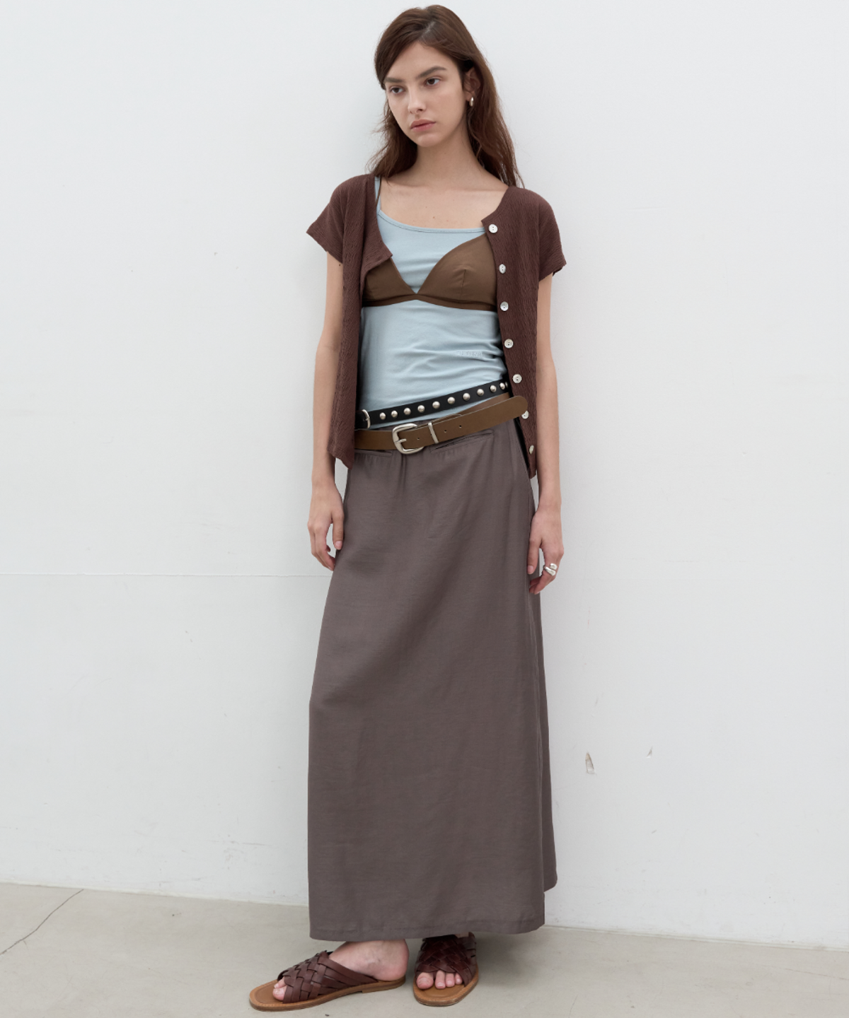 서란(SEORAN) Unbalance Button Cardigan_Brown