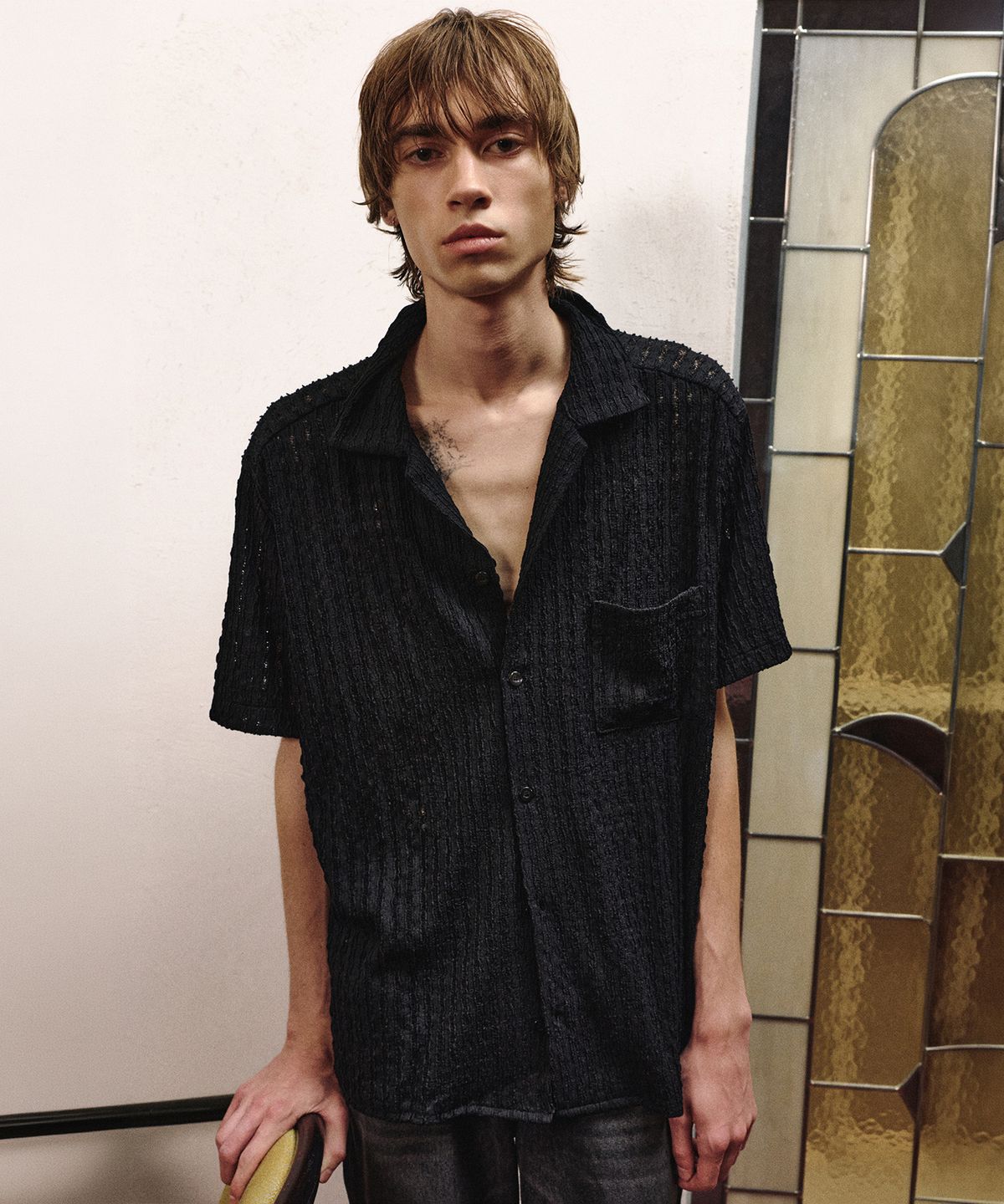 롤링스튜디오(ROLLINGSTUDIOS) CROCHET OPEN COLLAR SHIRT BLACK