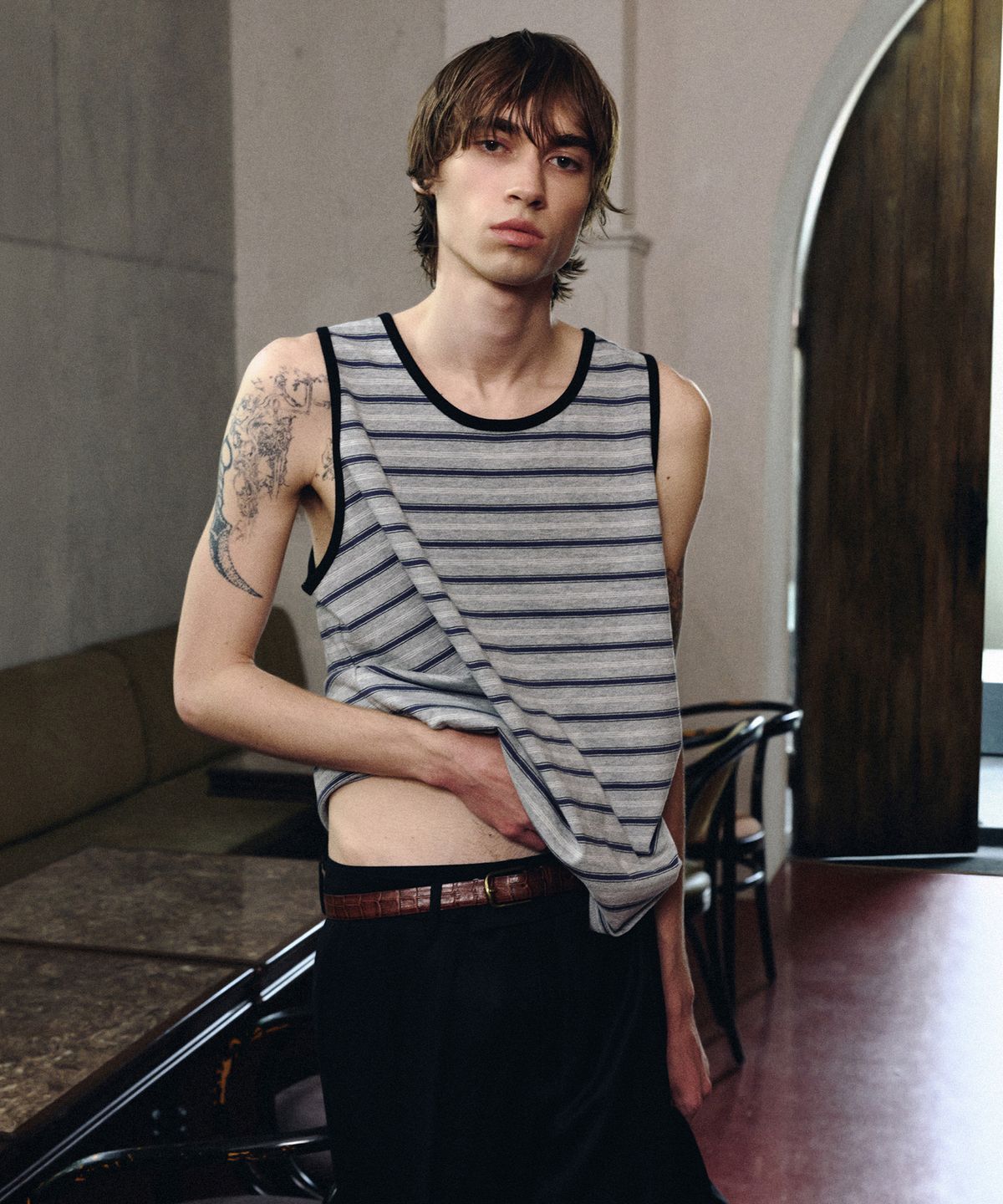 롤링스튜디오(ROLLINGSTUDIOS) COTTON STRIPE SLEEVELESS GREY/NAVY