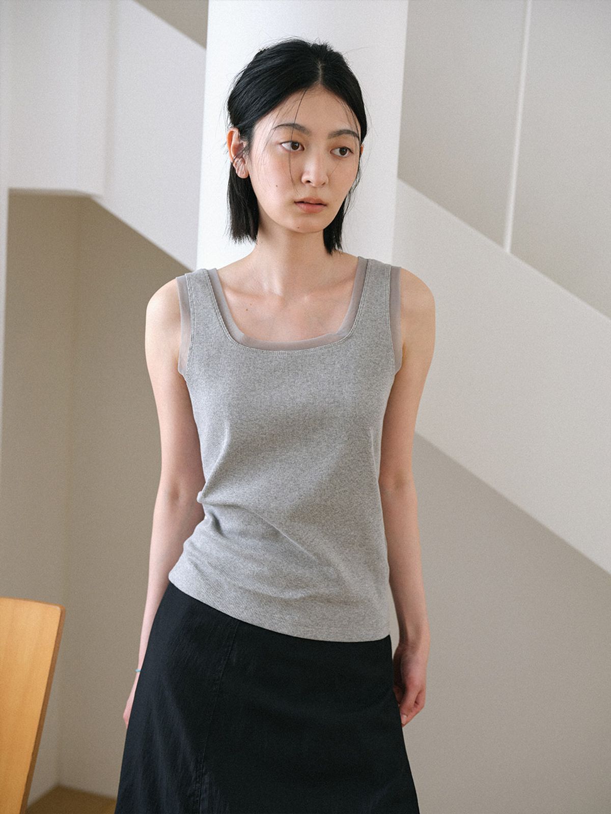 헌치(HUNCH) Mesh Trim Square Neck Top (3color)