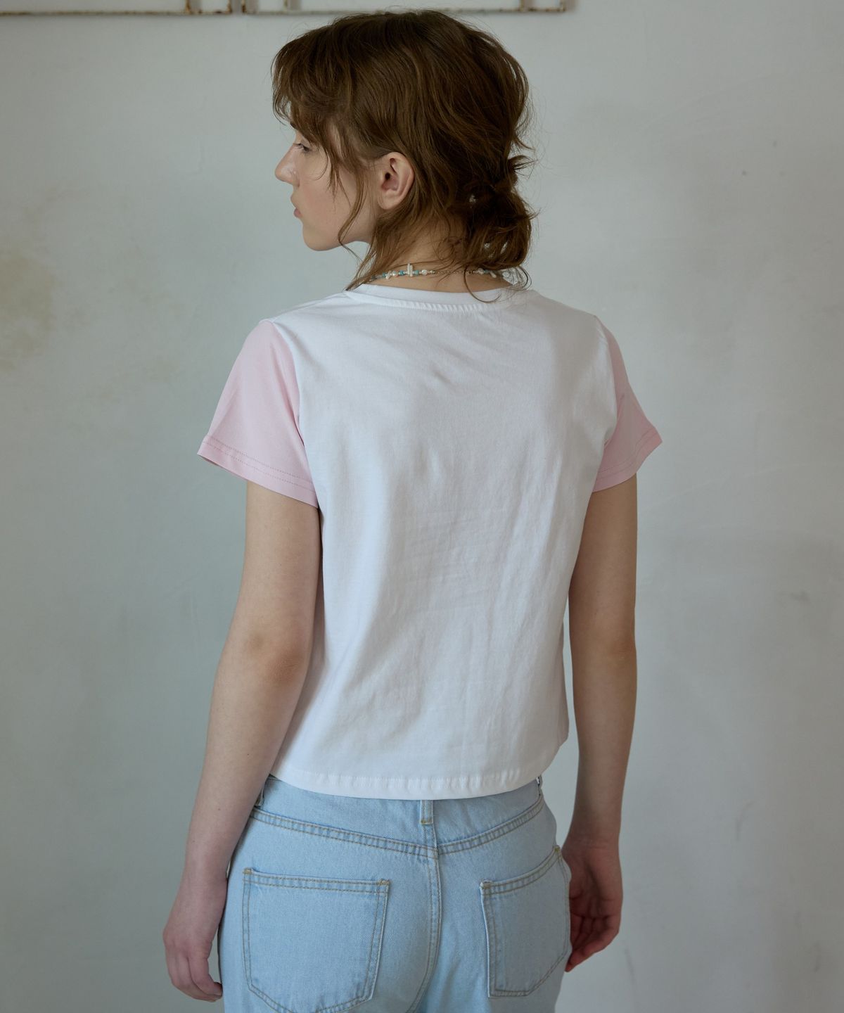 위오이(WIOE) Color-block Short Sleeve Tee_Pink