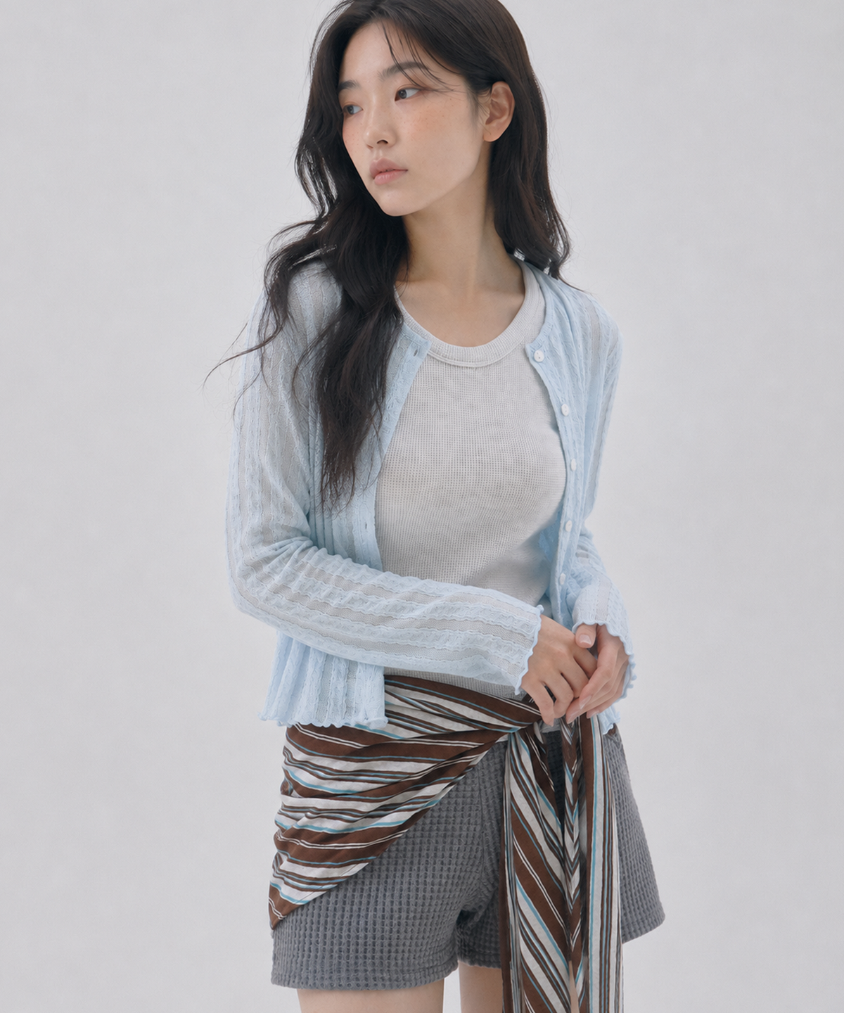 사유(SAYUU) 페더 레이스 라운드 가디건 라이트 블루