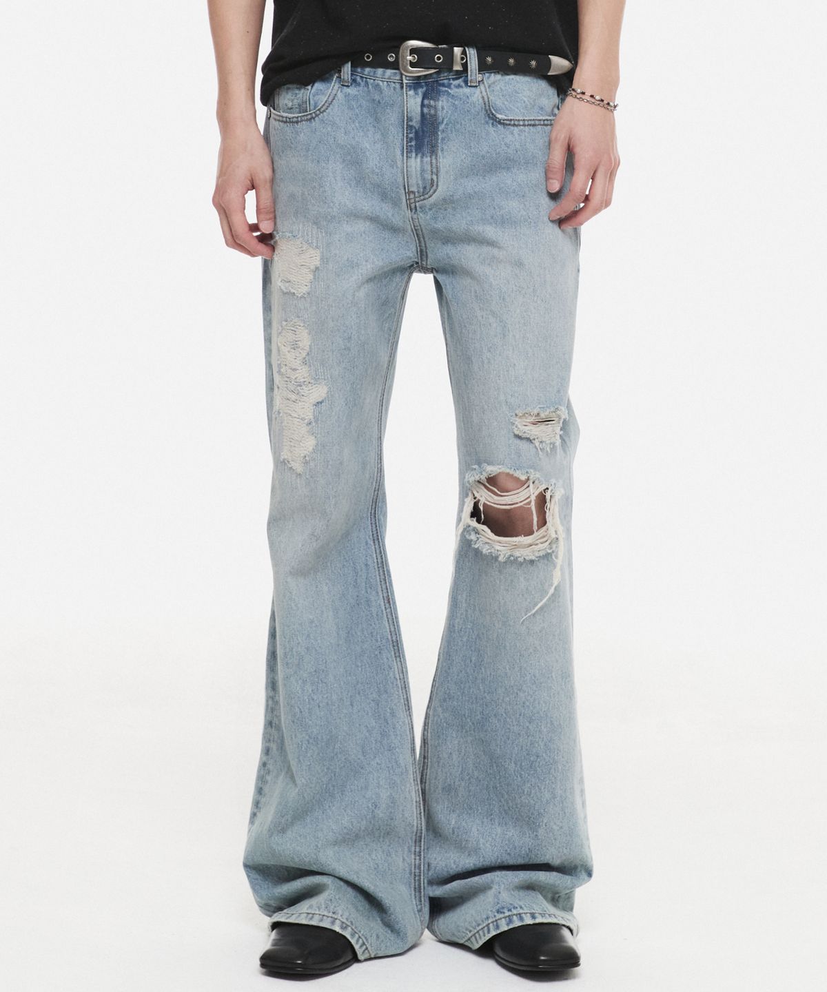 디앤에스알(DNSR) 시그니처 플레어 디스트로이드 데미지 데님 팬츠