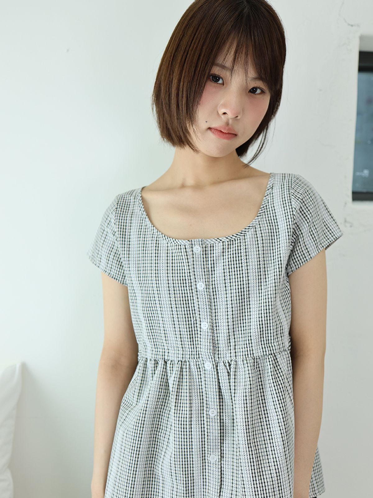 무음(MUWM) 슬럼버 타이 블라우스 Slumber Tie Blouse (Ivory Check)