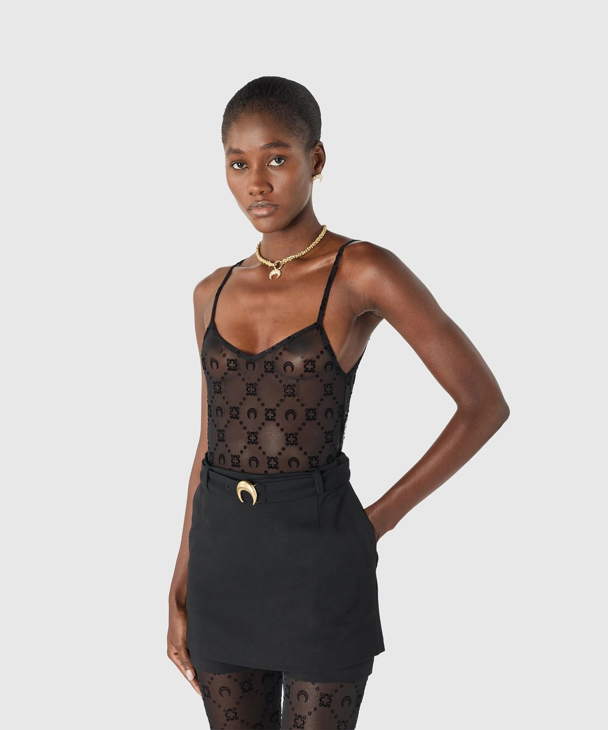 마린 세르(MARINE SERRE) (W) 무노그램 메쉬 플록 스트랩 탑 블랙 MOONOGRAM MESH FLOCK STRAPS TOP BK99 BLACK