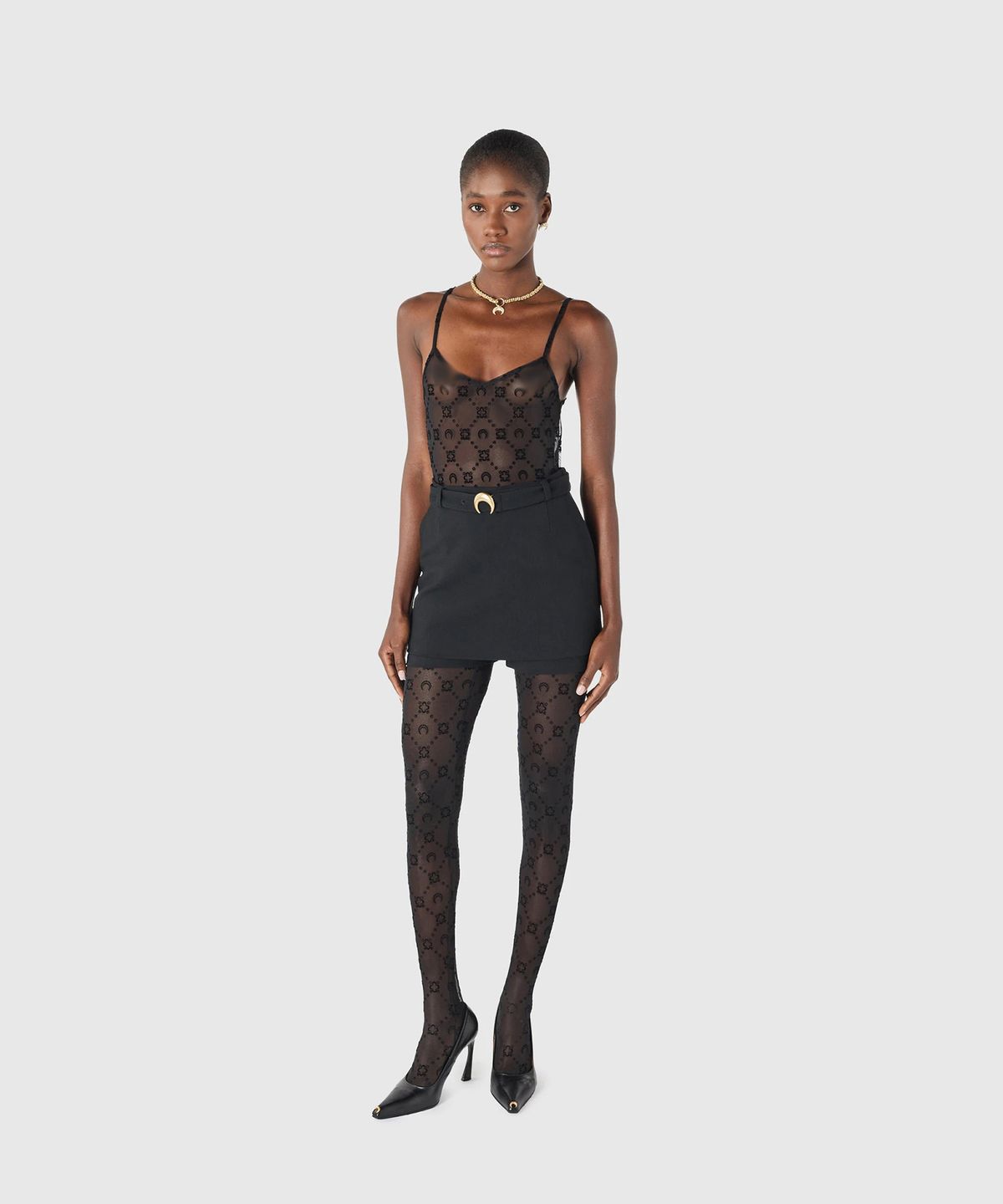마린 세르(MARINE SERRE) (W) 무노그램 메쉬 플록 스트랩 탑 블랙 MOONOGRAM MESH FLOCK STRAPS TOP BK99 BLACK