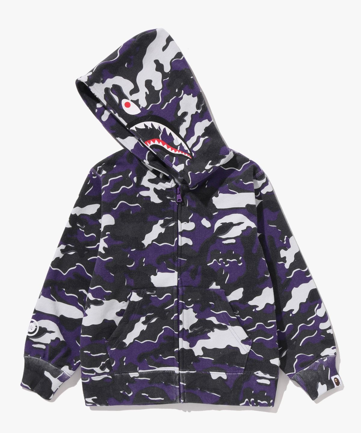 베이프 키즈(BAPE KIDS) 글리치 우드랜드 카모 샤크 집 후드(Kids) PURPLE