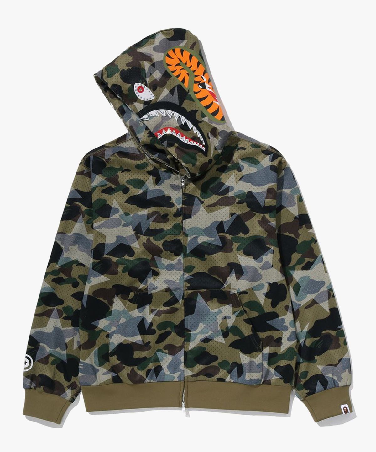 베이프(BAPE) 스타 오버 프린트 퍼스트 카모 메쉬 샤크 크롭 핏 풀 집 후드(M) GREEN