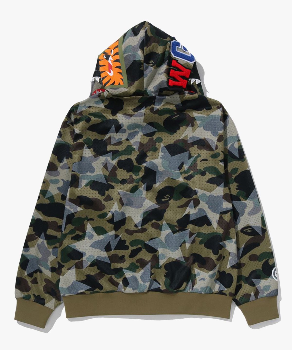 베이프(BAPE) 스타 오버 프린트 퍼스트 카모 메쉬 샤크 크롭 핏 풀 집 후드(M) GREEN