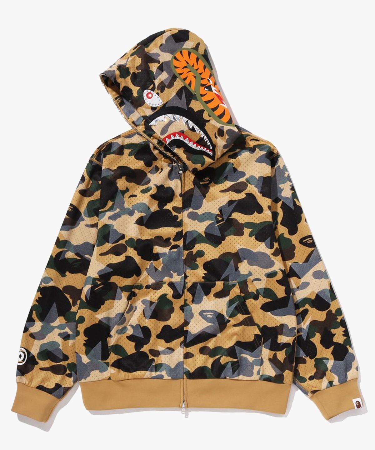 베이프(BAPE) 스타 오버 프린트 퍼스트 카모 메쉬 샤크 크롭 핏 풀 집 후드(M) YELLOW