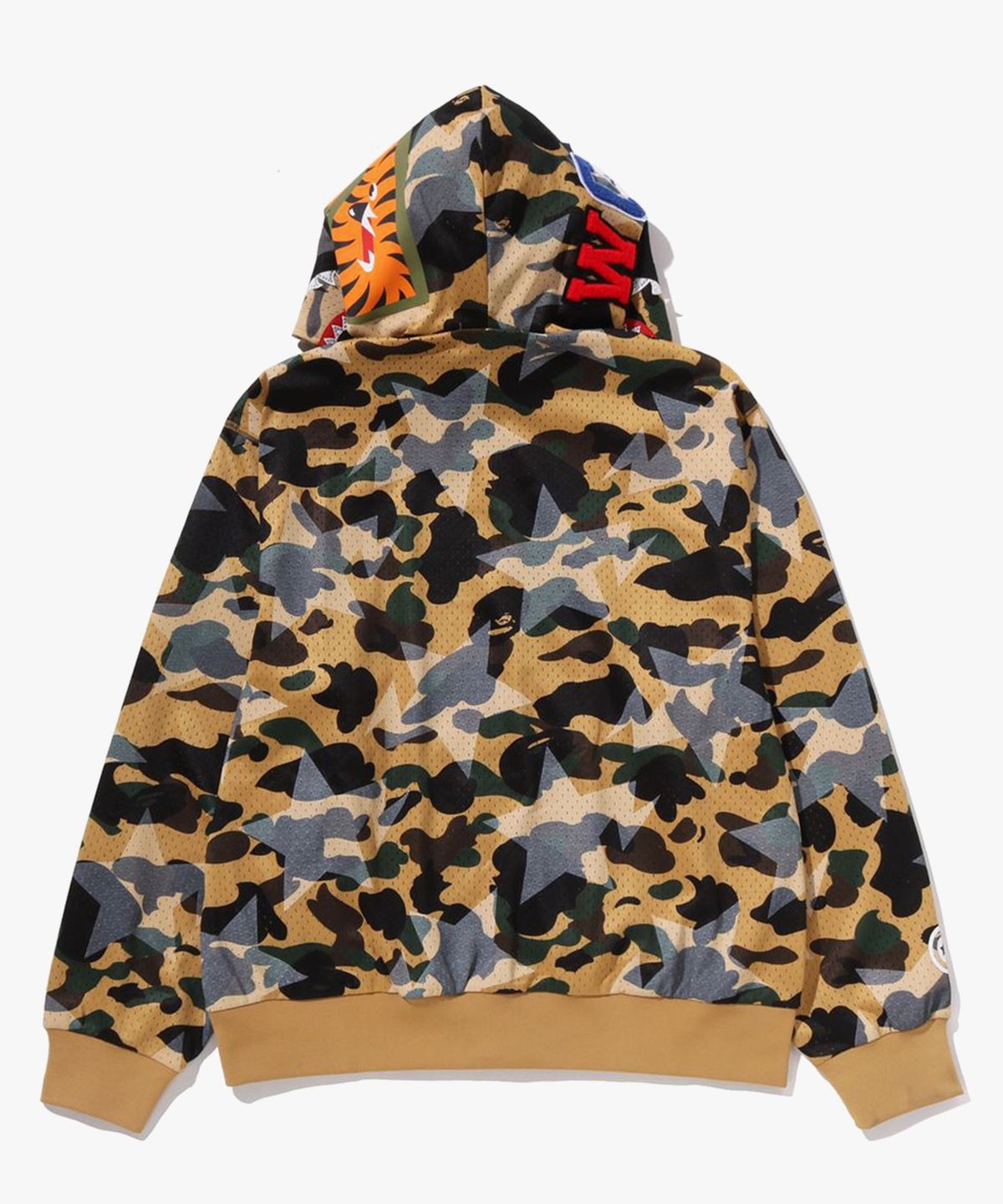 베이프(BAPE) 스타 오버 프린트 퍼스트 카모 메쉬 샤크 크롭 핏 풀 집 후드(M) YELLOW