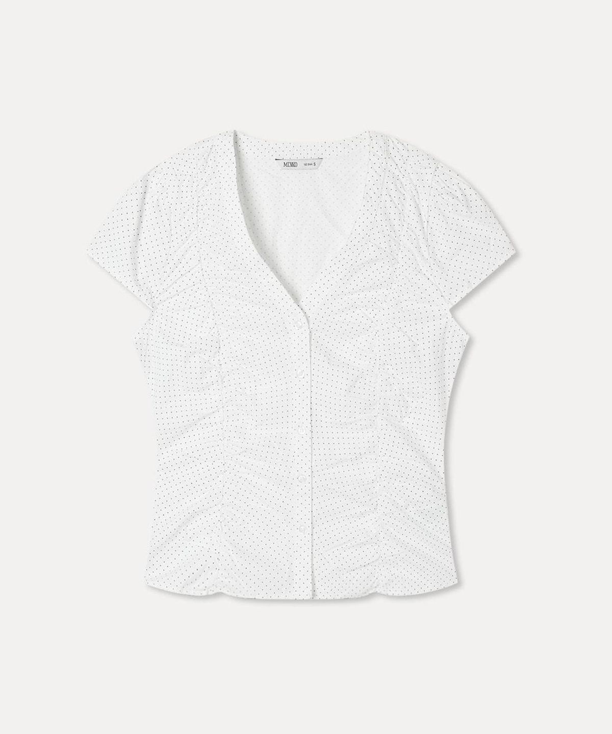 미쏘(MIXXO) V넥 도트 셔링 블라우스_MIWYAG618G