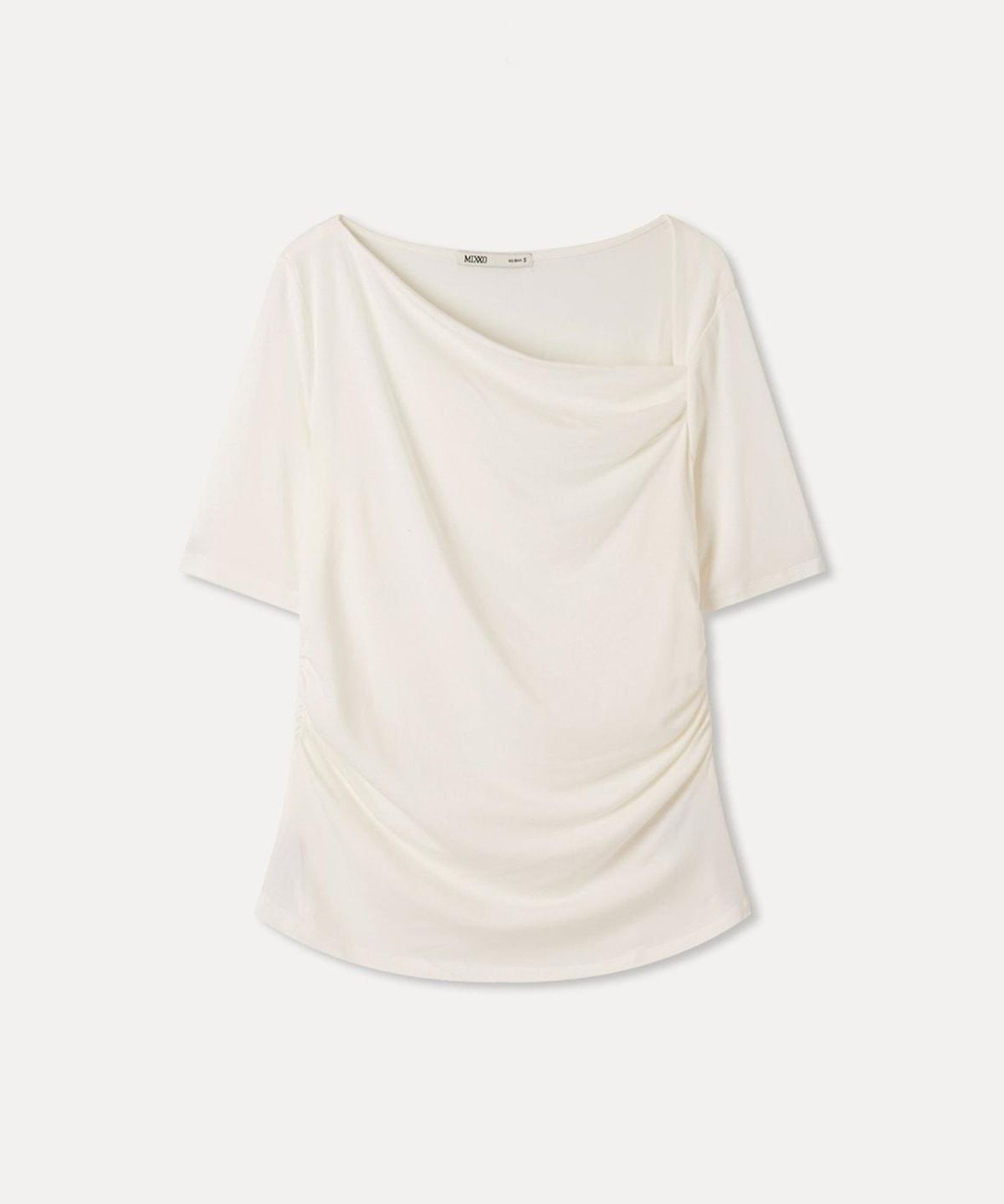 미쏘(MIXXO) 사선넥 셔링 반팔 티셔츠_MIWHWG729A
