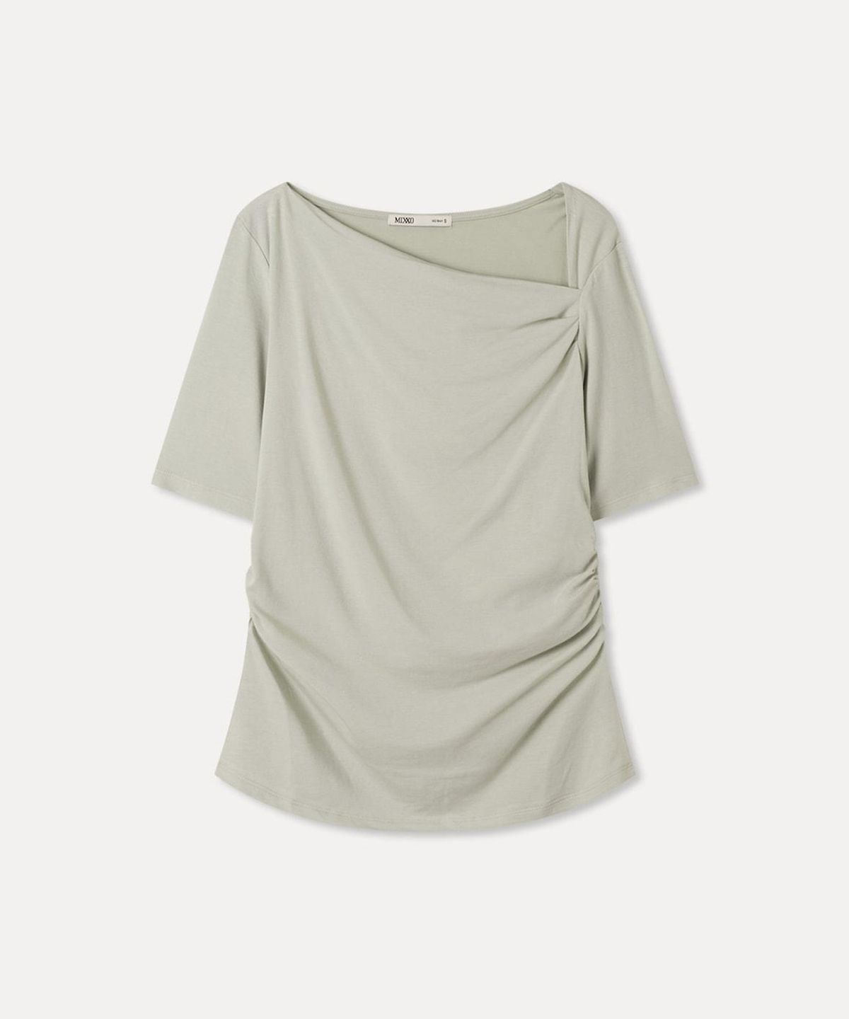 미쏘(MIXXO) 사선넥 셔링 반팔 티셔츠_MIWHWG729A