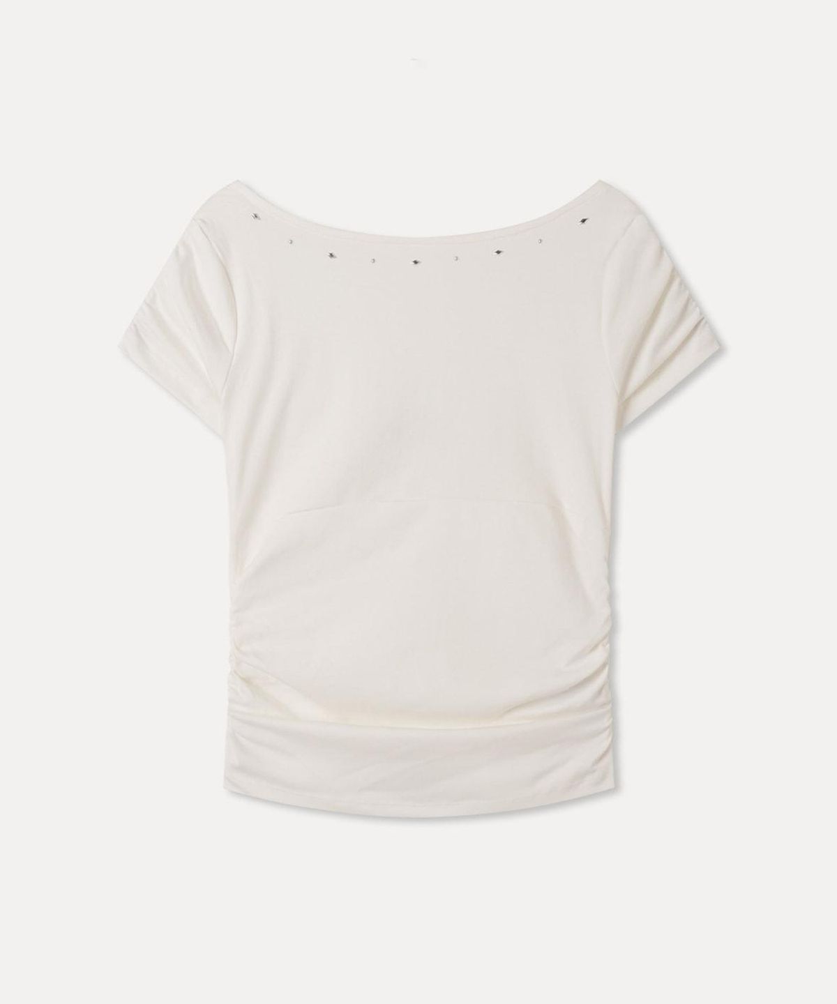 미쏘(MIXXO) 스터드 셔링 반팔 티셔츠_MIWHWG749A
