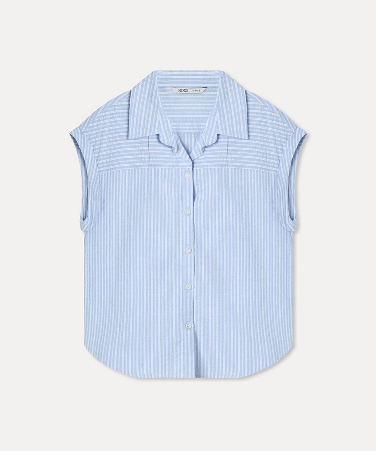 미쏘(MIXXO) 롤업 스트라이프 반팔 셔츠_MIWYAG701G