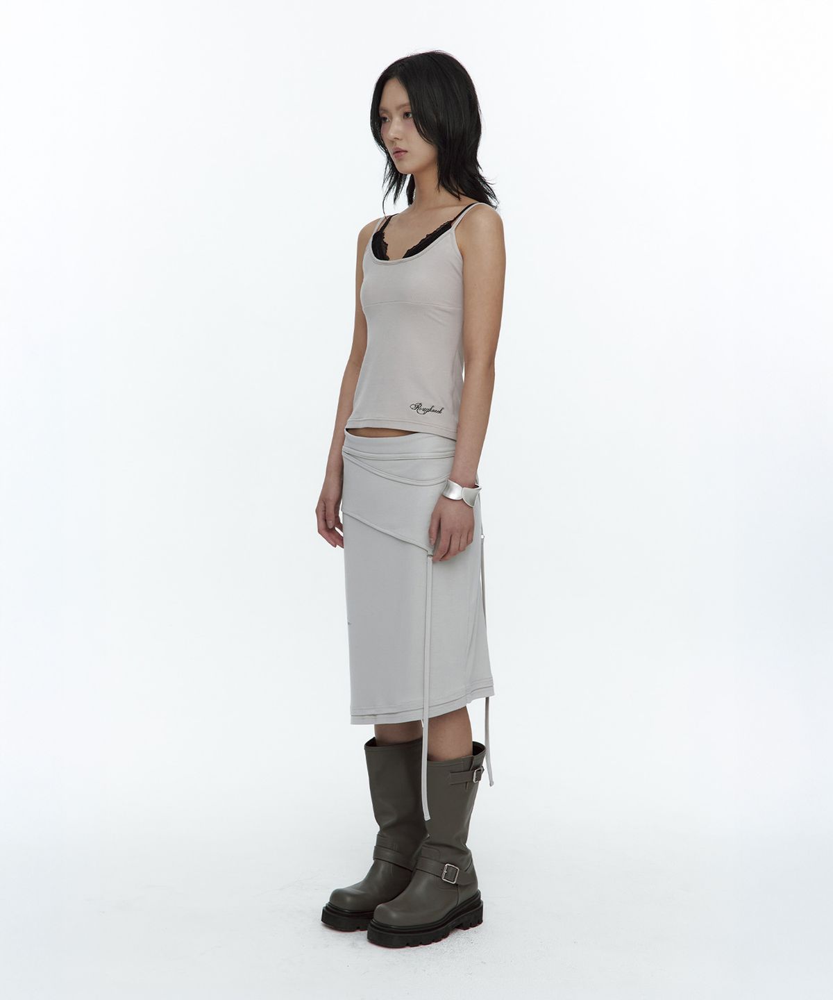 러프넥(ROUGHNECK) Asymmetric Panel Skirt Fog