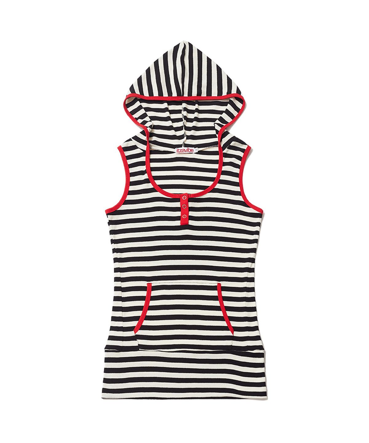 잇자바이브(ITZAVIBE) STRIPE HENLEY HOOD SLEEVELESS - BLACK