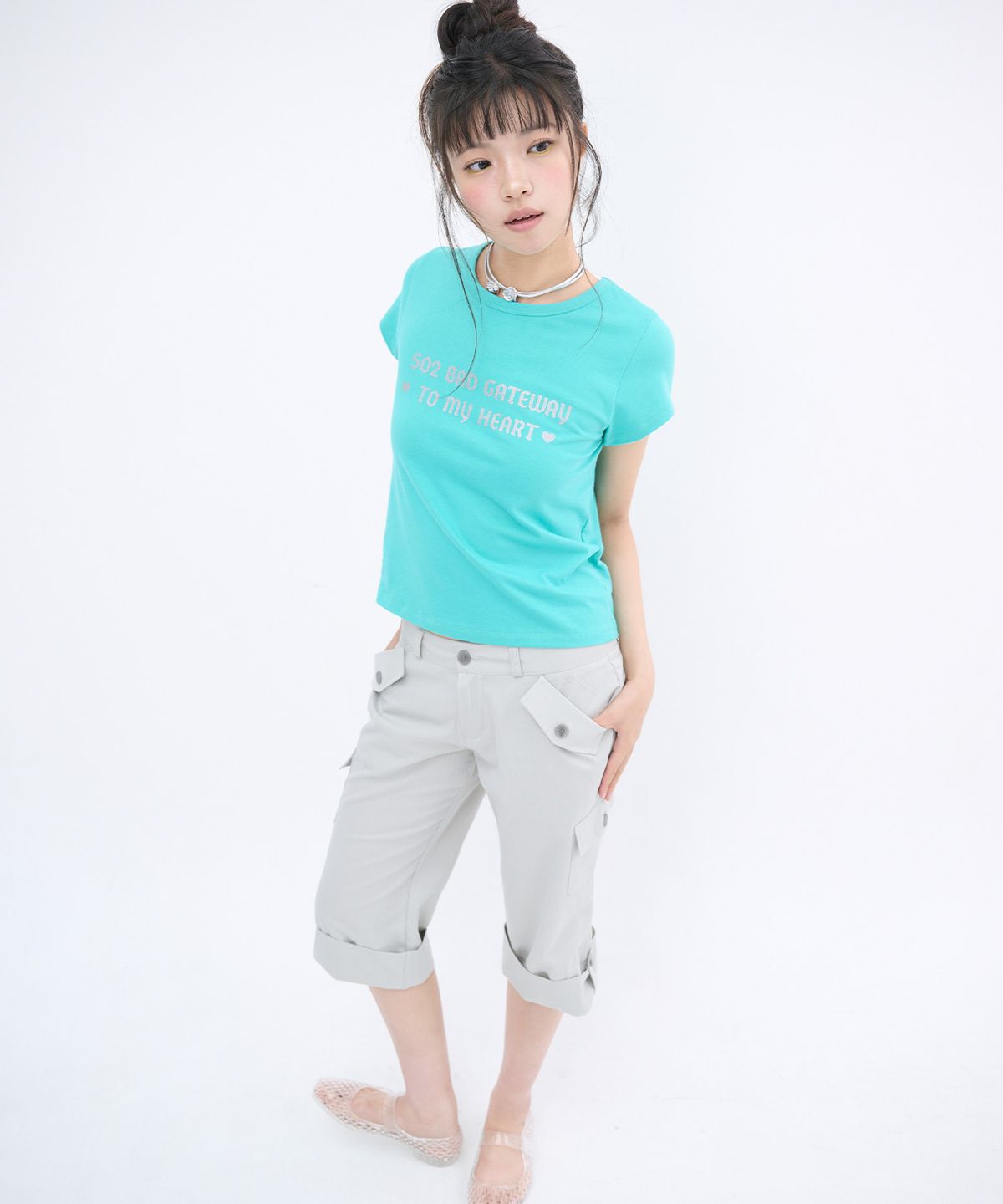 잇자바이브(ITZAVIBE) STRAP POINT CAPRI PANTS - LIGHT GRAY
