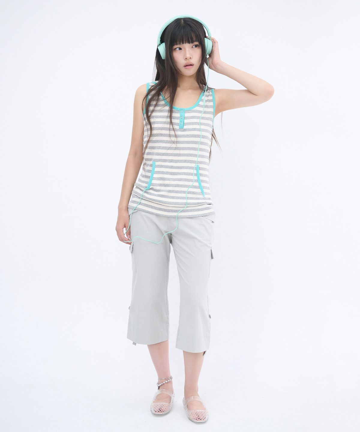 잇자바이브(ITZAVIBE) STRAP POINT CAPRI PANTS - LIGHT GRAY