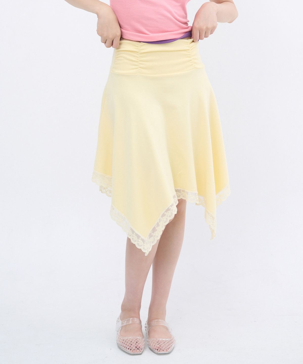 잇자바이브(ITZAVIBE) LACE POINT UNBALANCED SKIRT - YELLOW