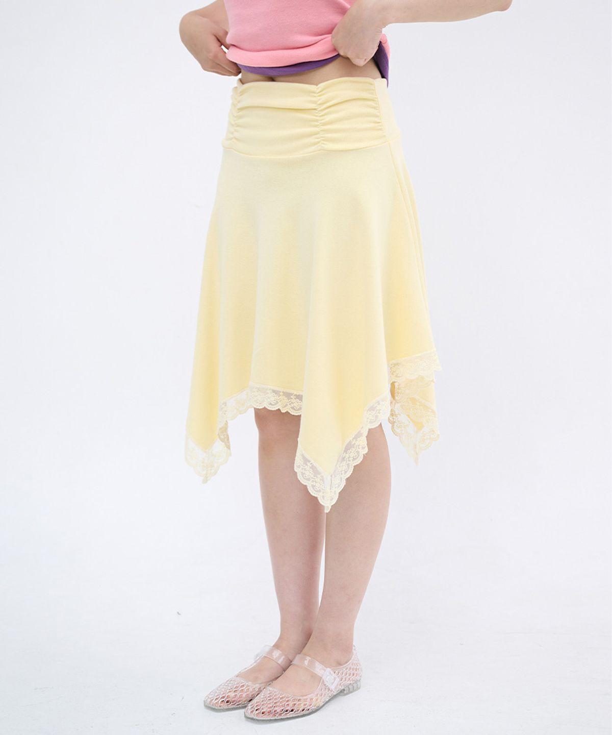 잇자바이브(ITZAVIBE) LACE POINT UNBALANCED SKIRT - YELLOW