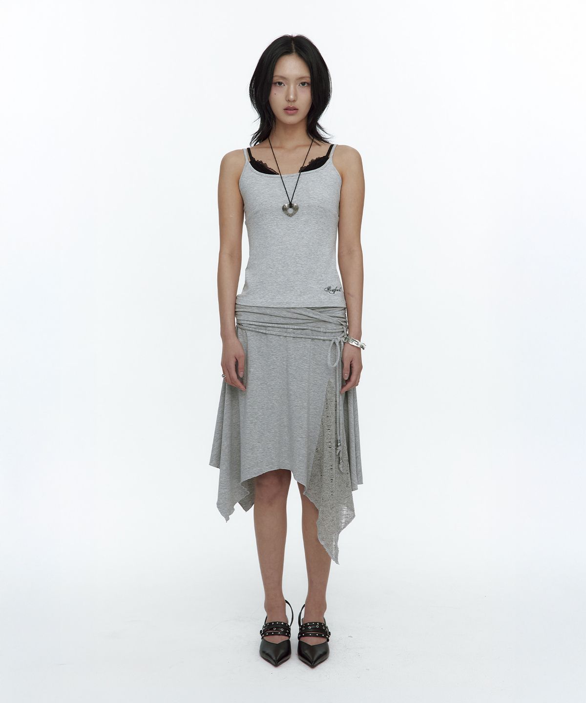 러프넥(ROUGHNECK) Knit Layer Drape Skirt Gray