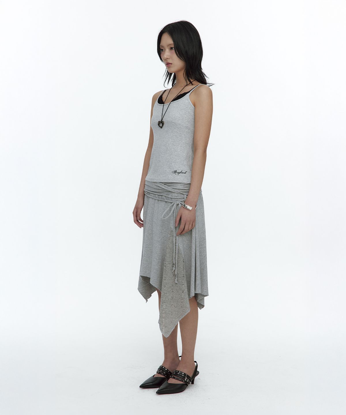 러프넥(ROUGHNECK) Knit Layer Drape Skirt Gray