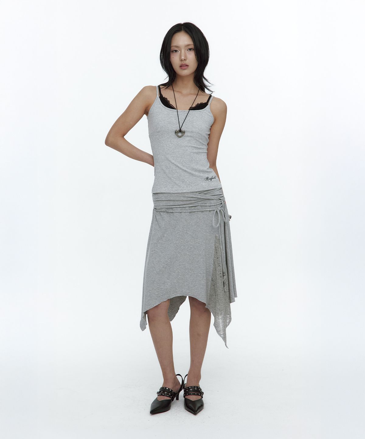 러프넥(ROUGHNECK) Knit Layer Drape Skirt Gray