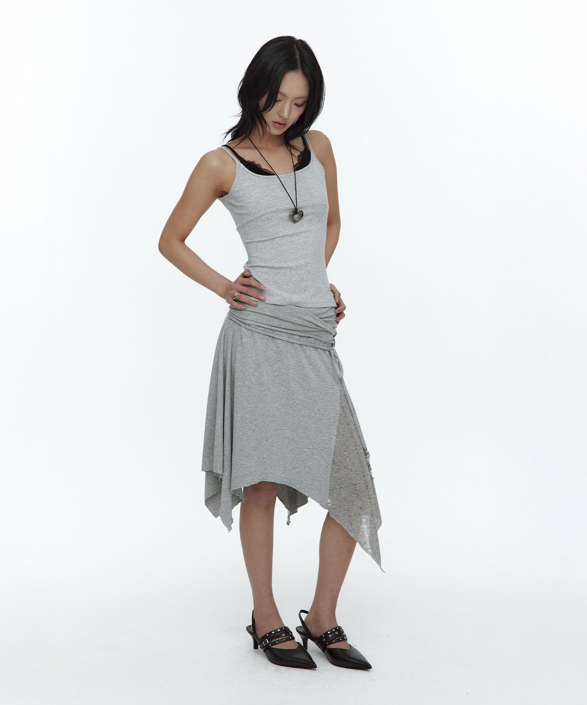 러프넥(ROUGHNECK) Knit Layer Drape Skirt Gray