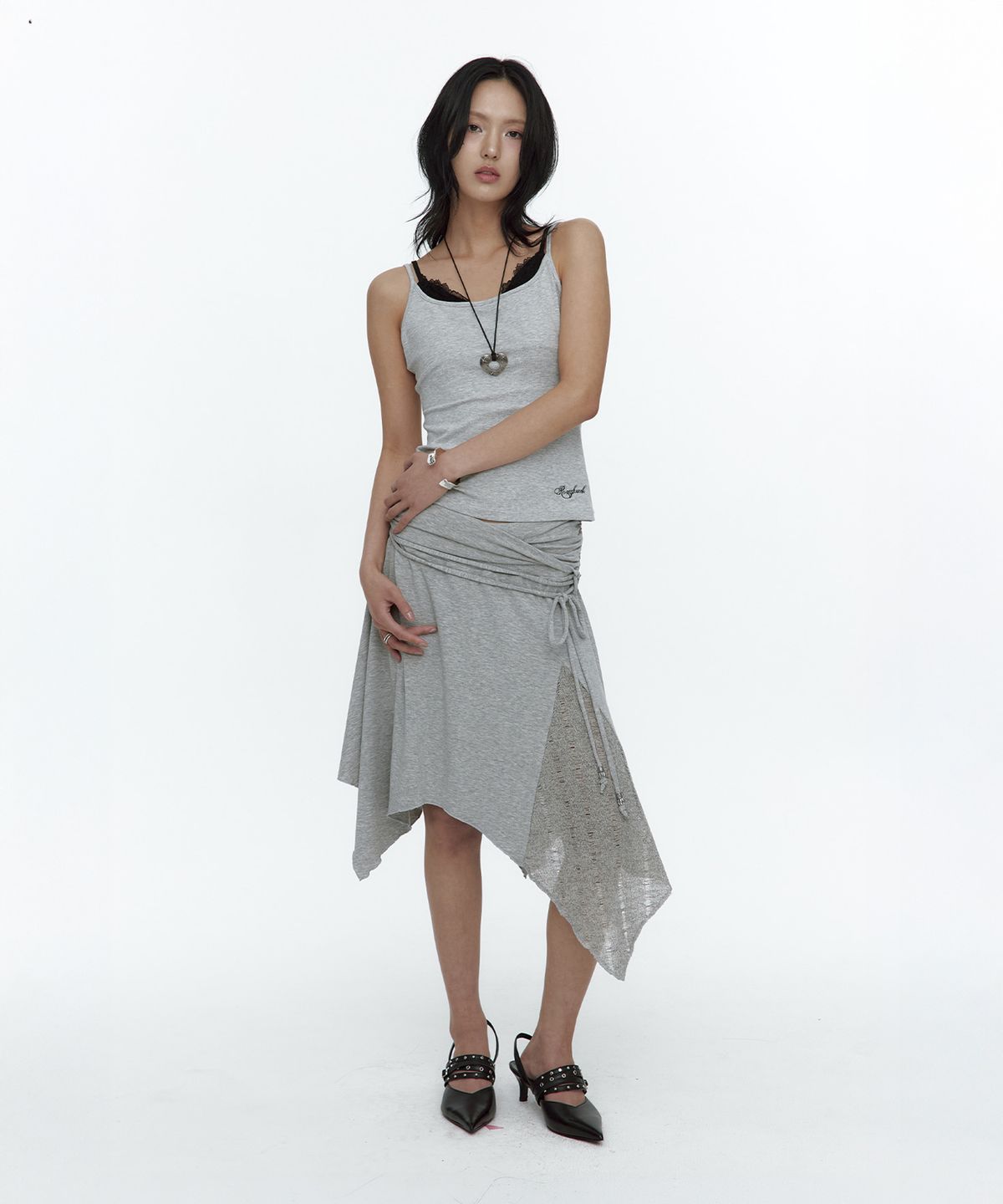 러프넥(ROUGHNECK) Knit Layer Drape Skirt Gray