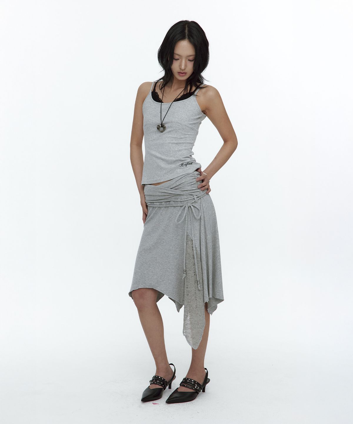 러프넥(ROUGHNECK) Knit Layer Drape Skirt Gray