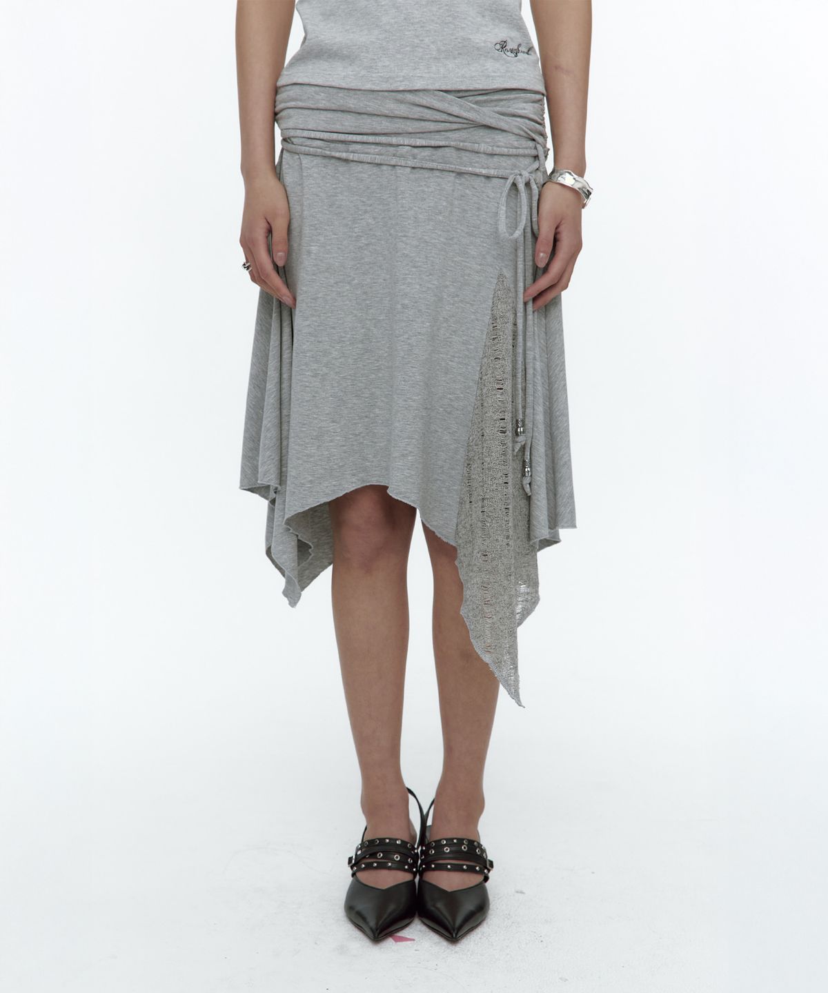 러프넥(ROUGHNECK) Knit Layer Drape Skirt Gray