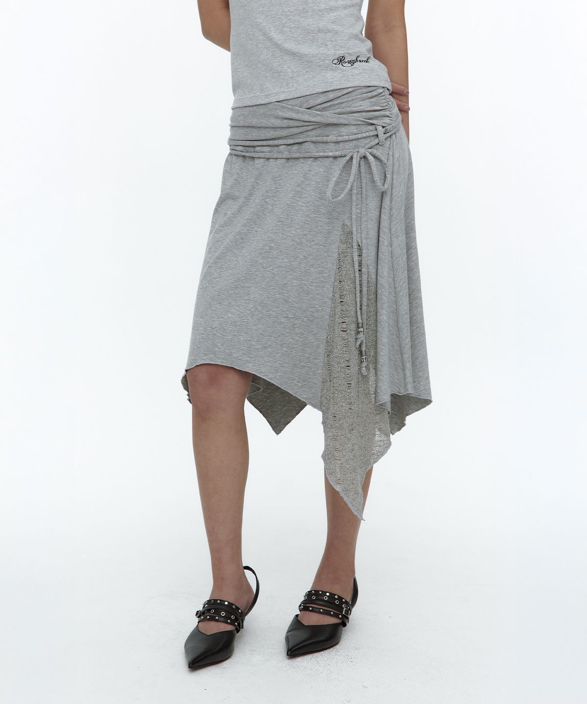 러프넥(ROUGHNECK) Knit Layer Drape Skirt Gray