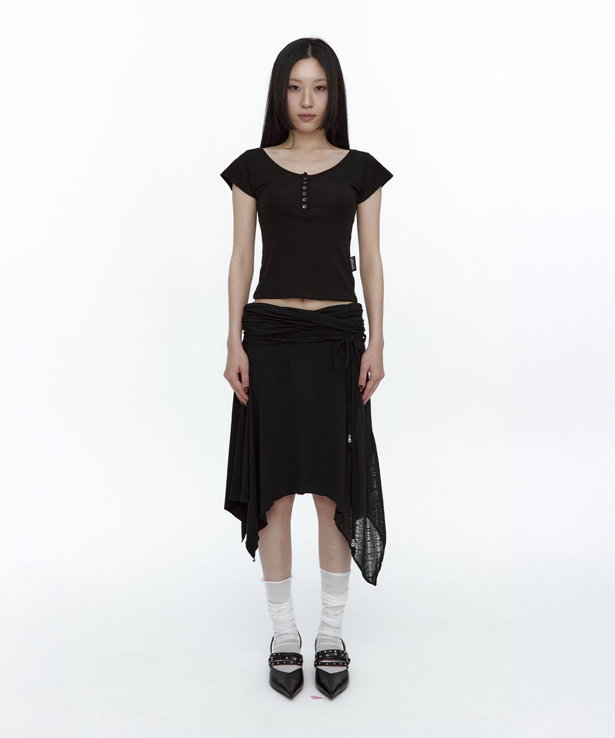 러프넥(ROUGHNECK) Knit Layer Drape Skirt Black