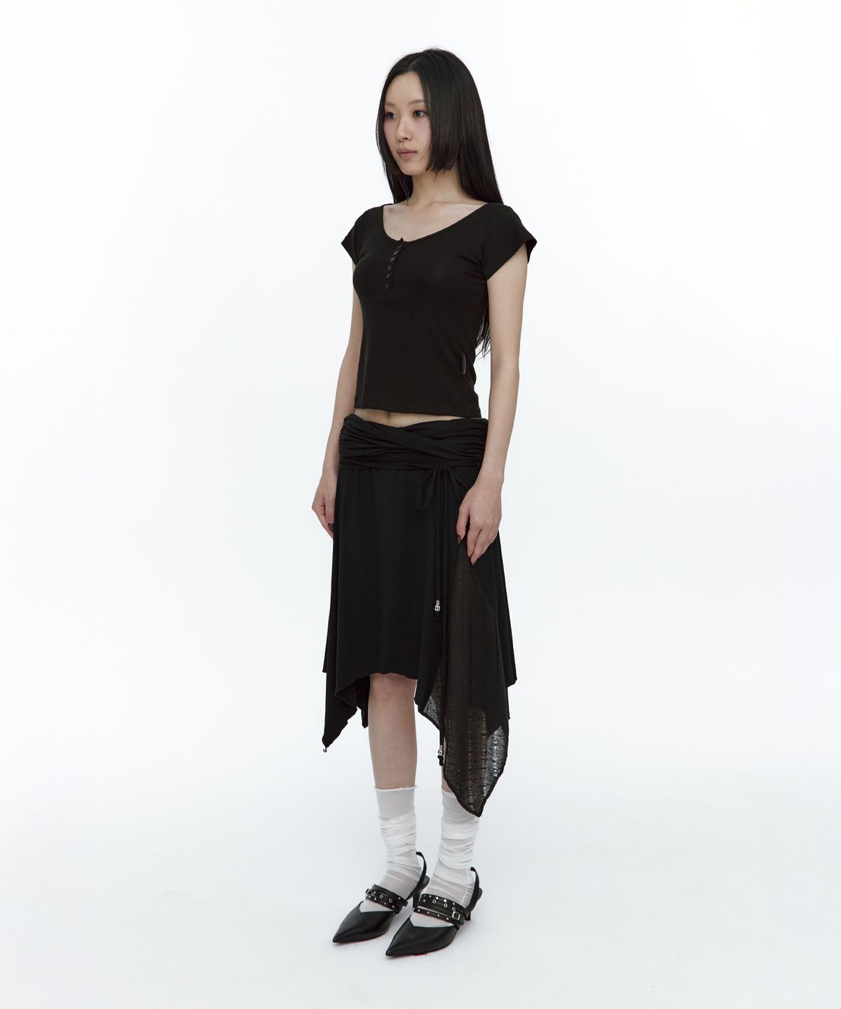 러프넥(ROUGHNECK) Knit Layer Drape Skirt Black