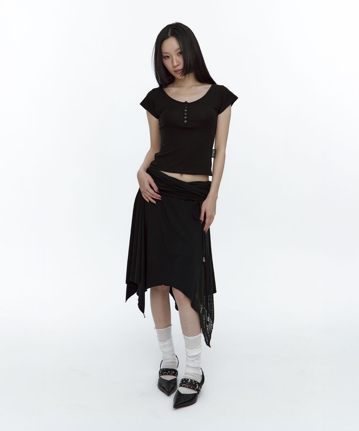 러프넥(ROUGHNECK) Knit Layer Drape Skirt Black