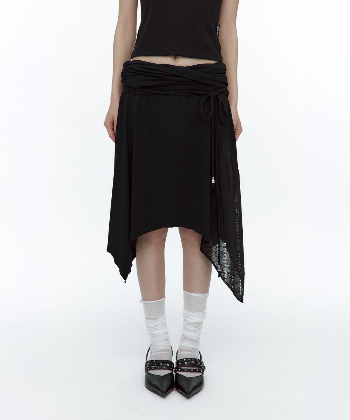 러프넥(ROUGHNECK) Knit Layer Drape Skirt Black