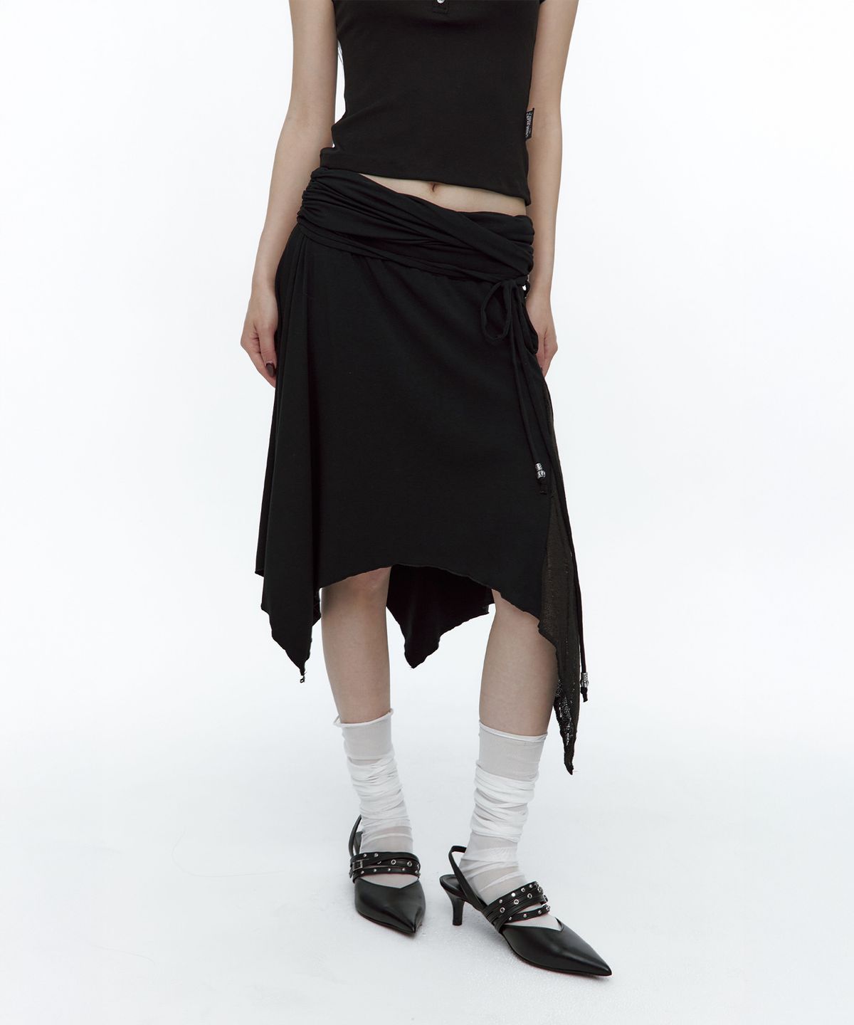 러프넥(ROUGHNECK) Knit Layer Drape Skirt Black