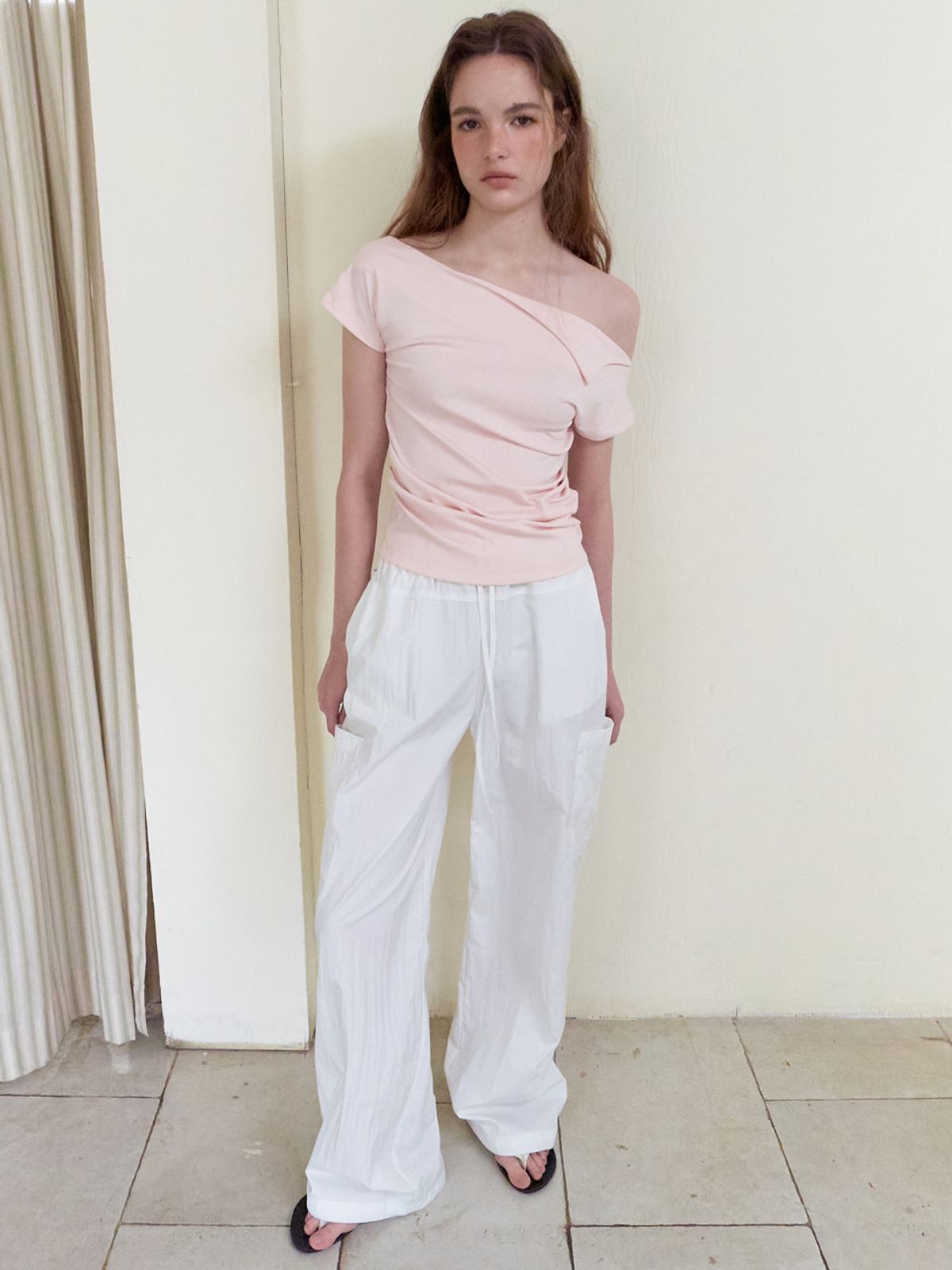 에트몽(ETMON) Off Shirring T-Shirt, Light Pink