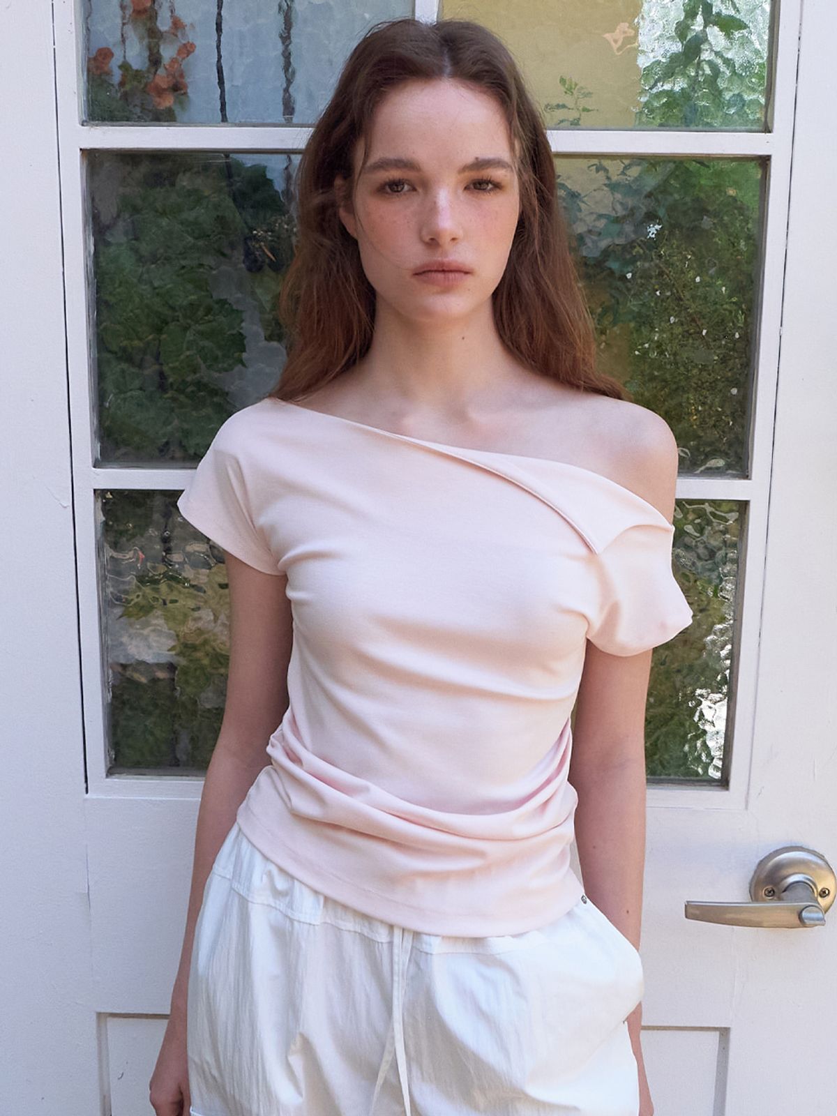에트몽(ETMON) Off Shirring T-Shirt, Light Pink