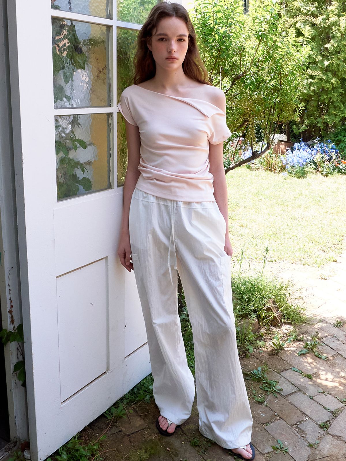 에트몽(ETMON) Off Shirring T-Shirt, Light Pink