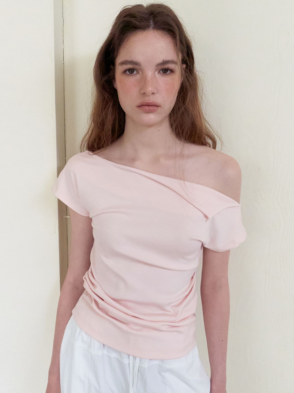 에트몽(ETMON) Off Shirring T-Shirt, Light Pink